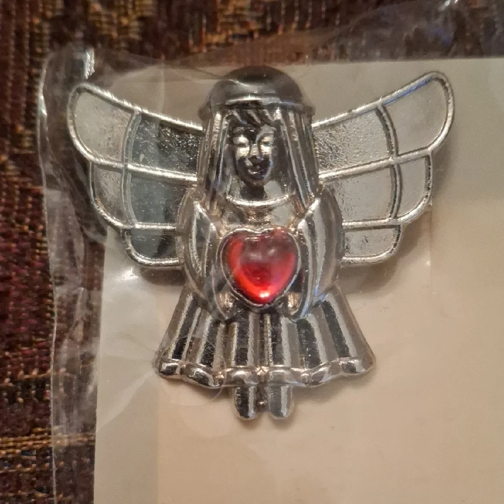 Silver Angel Brooch with Red Heart